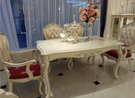 Six Seat Classic French Furniture White Dining Table Rose Carve Pattern Crooked Legs