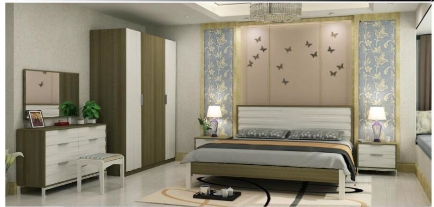 Wood Color MDF Bedroom Furniture Bed With Panel Frame