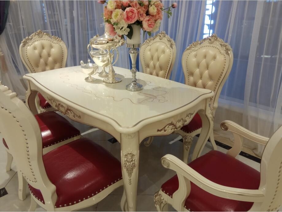 Six Seat Classic French Furniture White Dining Table Rose Carve Pattern